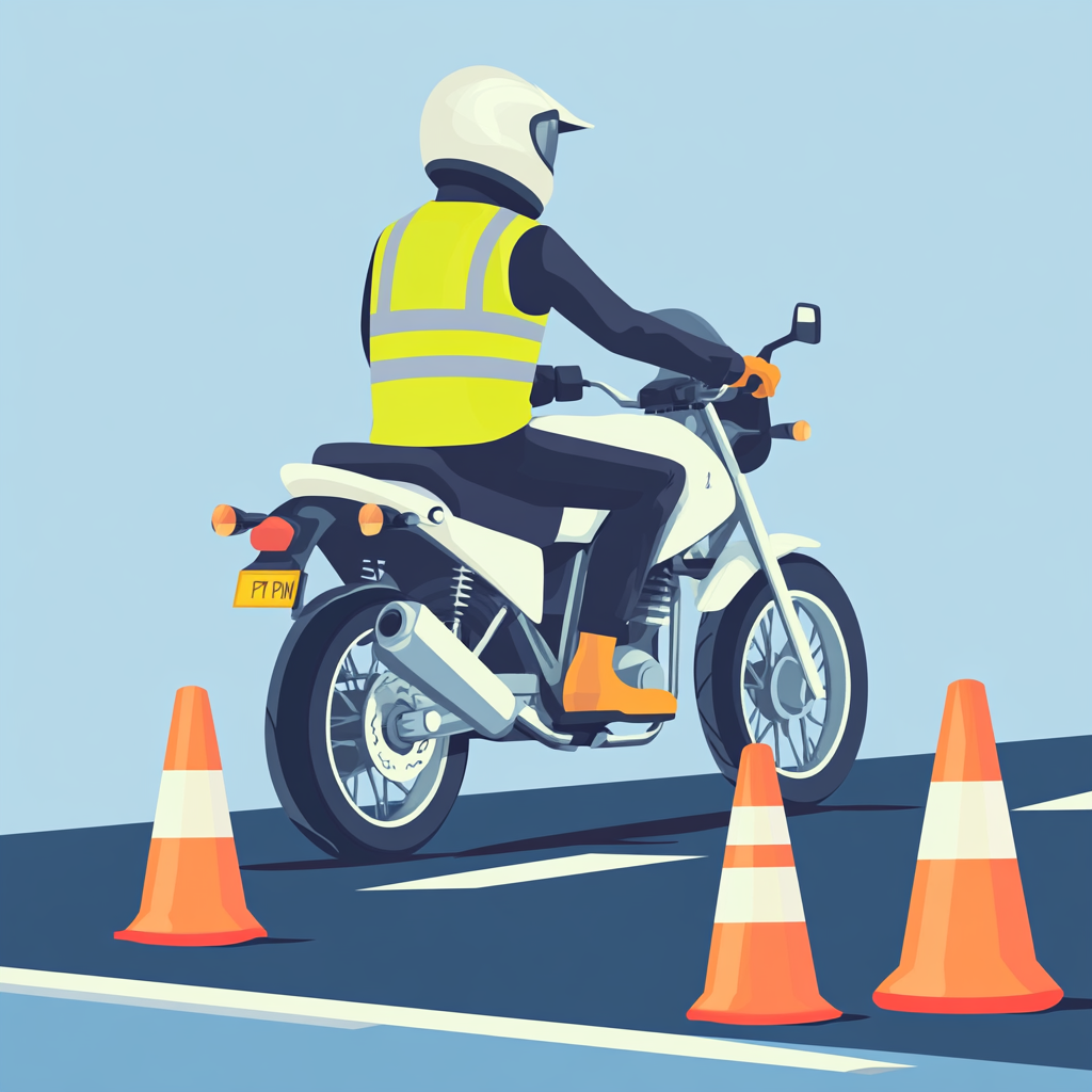 Motorcyclist Riding on Road with Traffic Cones