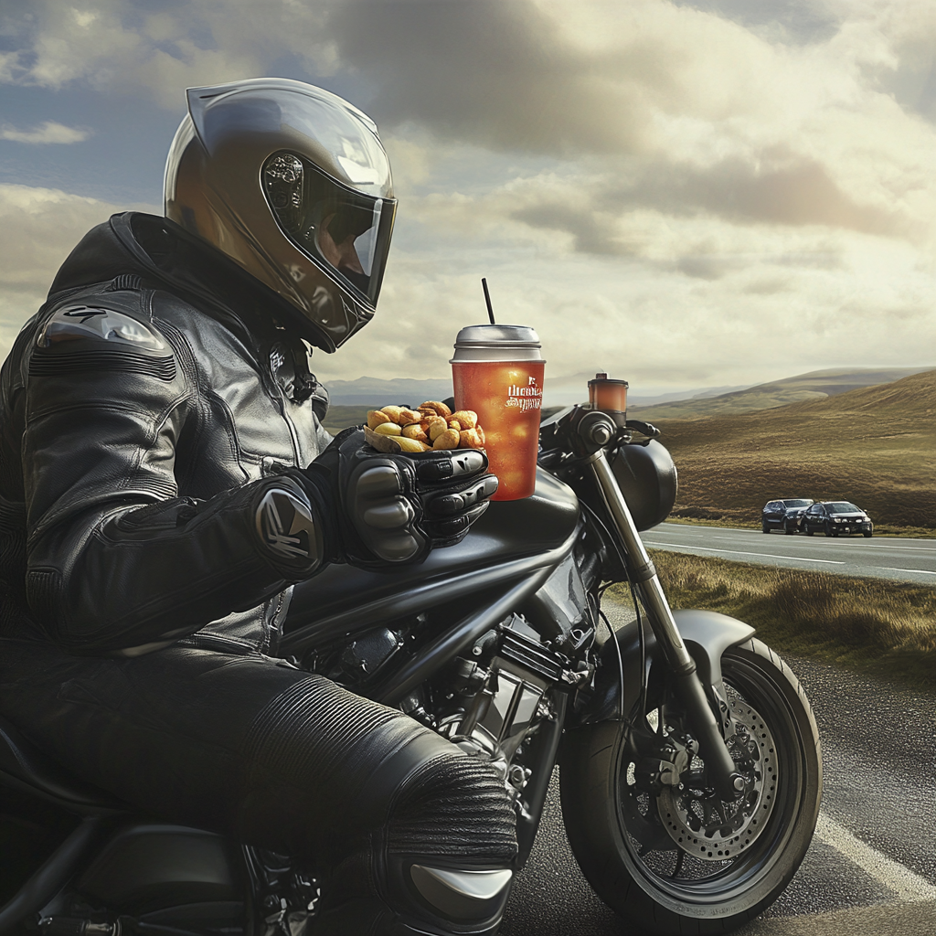 Motorcyclist resting at rest stop, eating fruits and drinking water.