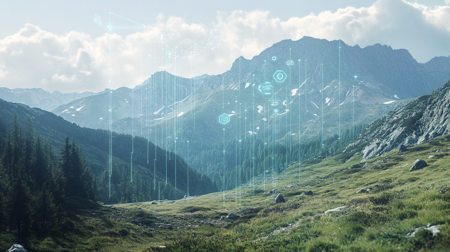 Mountain landscape with overlay of data lines and icons