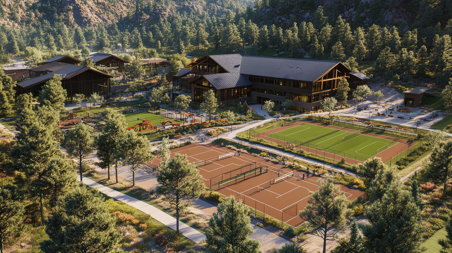 Mountain resort with courts, field, play area in forest