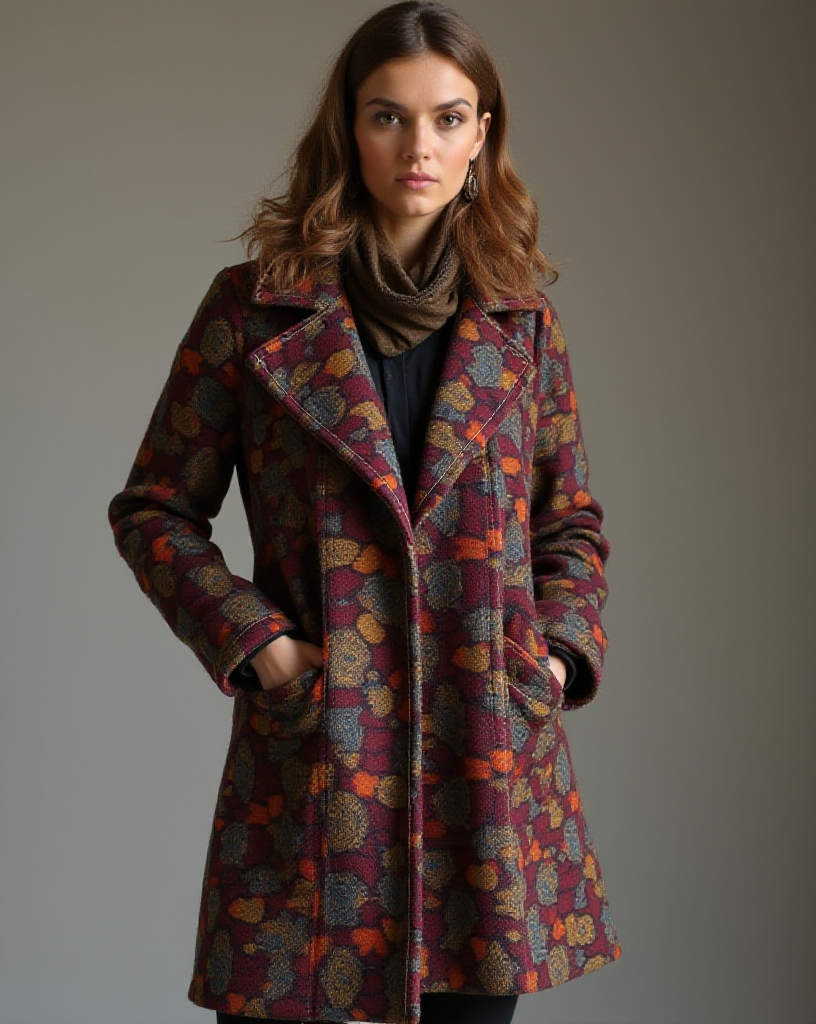 Multicolored, stylish coat for women in 2050 fashion.