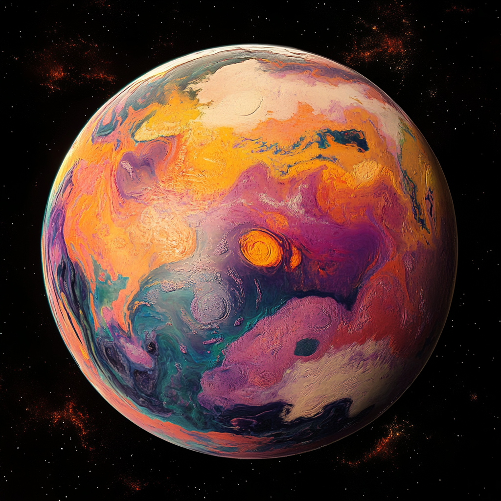 Multicolored Continent Planet with Orange Oceans from Space