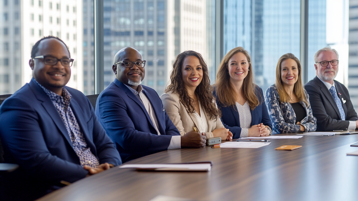 Multicultural executives in serious meeting, cityscape backdrop