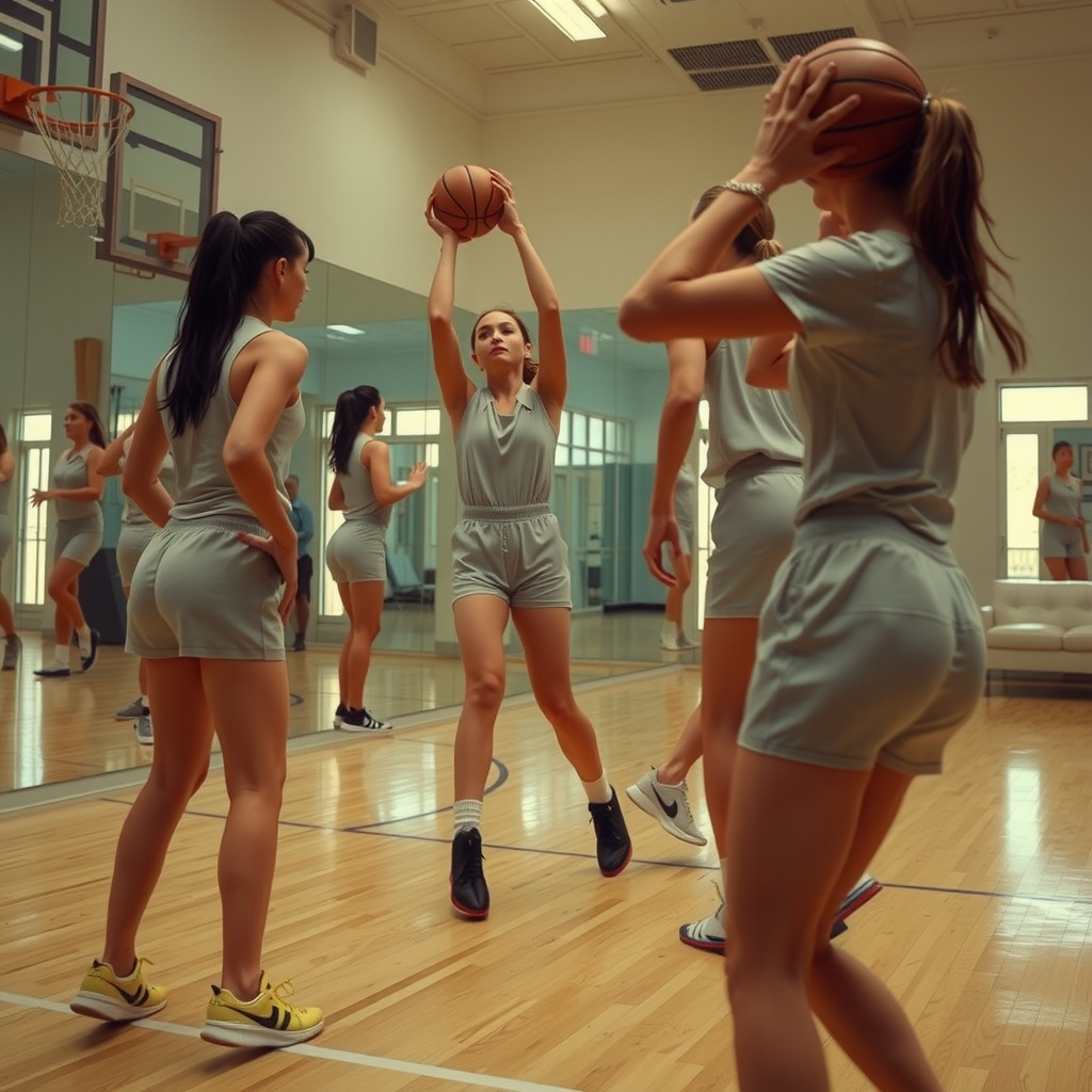 Multiple women playing basketball in mirrored room.