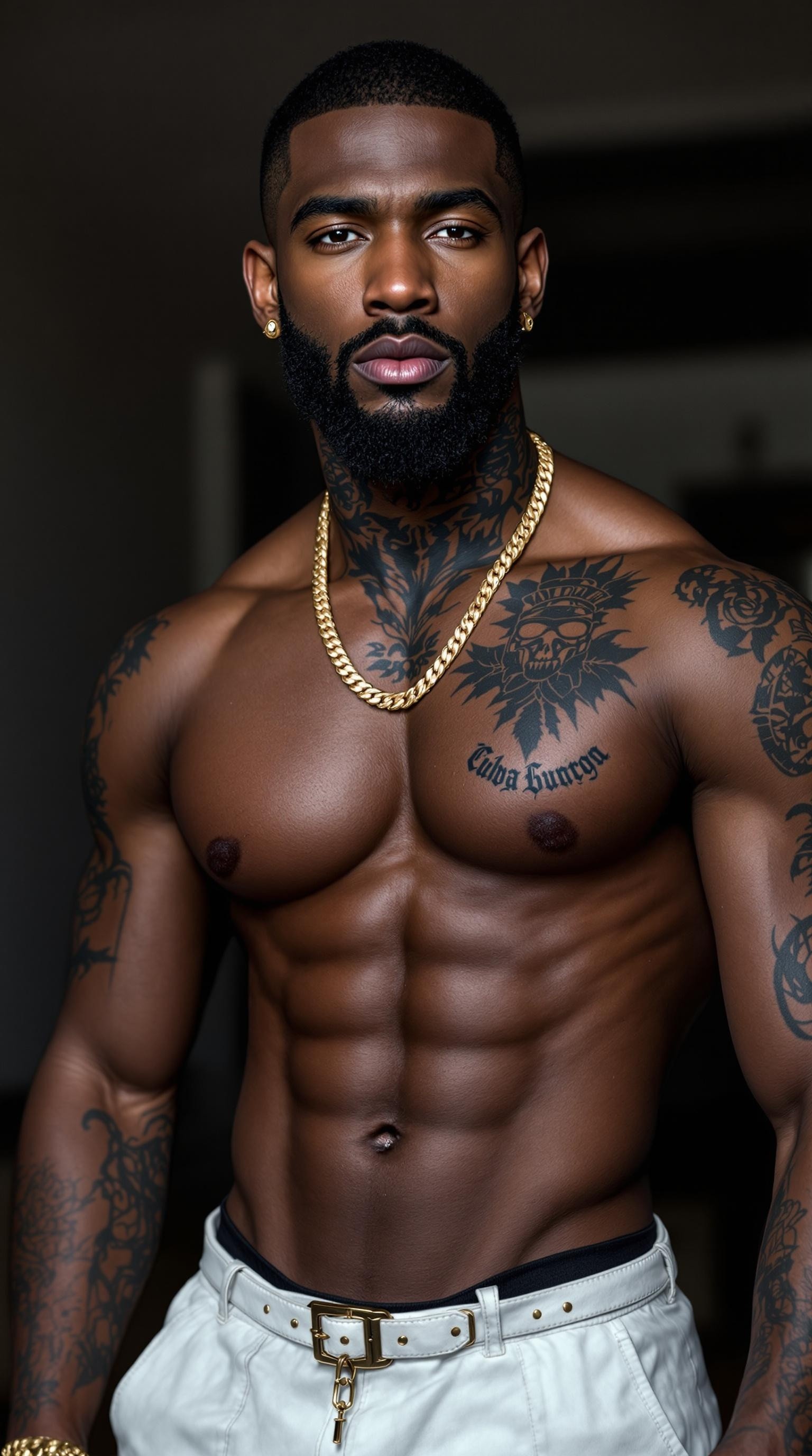 Muscled Dark-Skinned Man with Neck Tattoos and Gold Chain