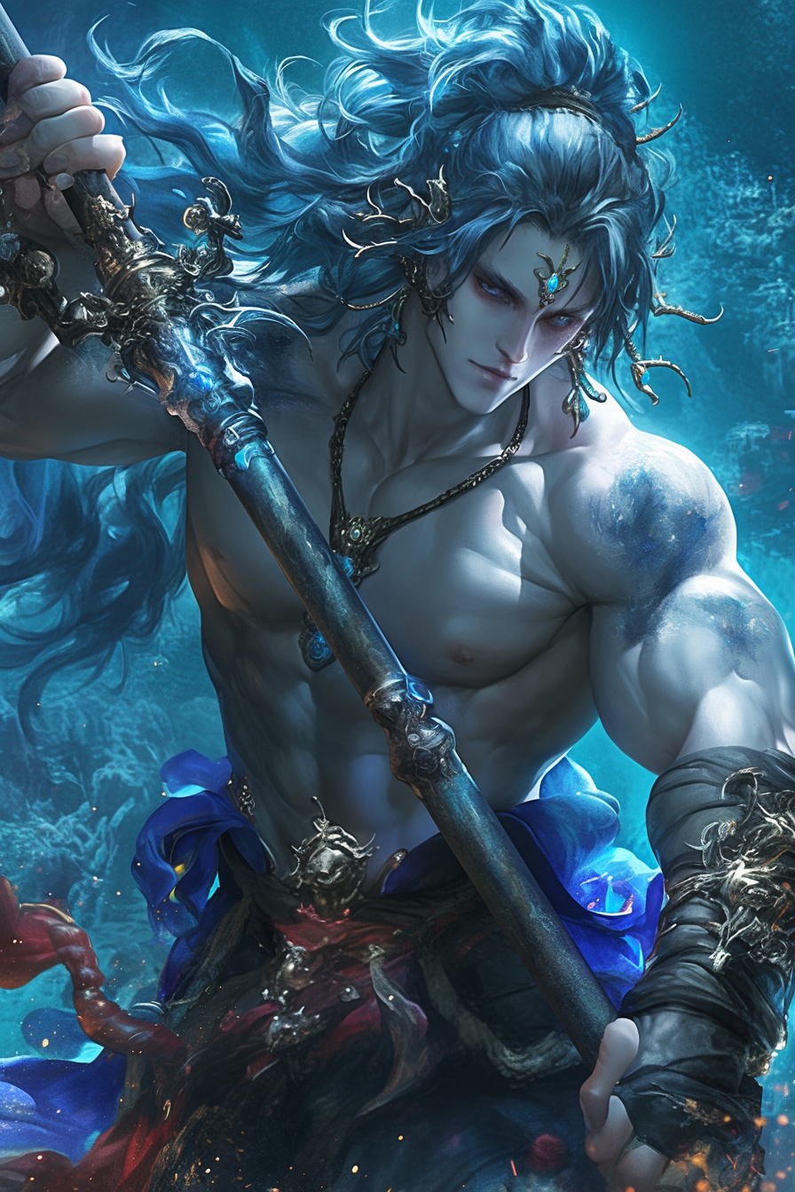 Muscular, handsome Orion wielding spear in detailed anime art.