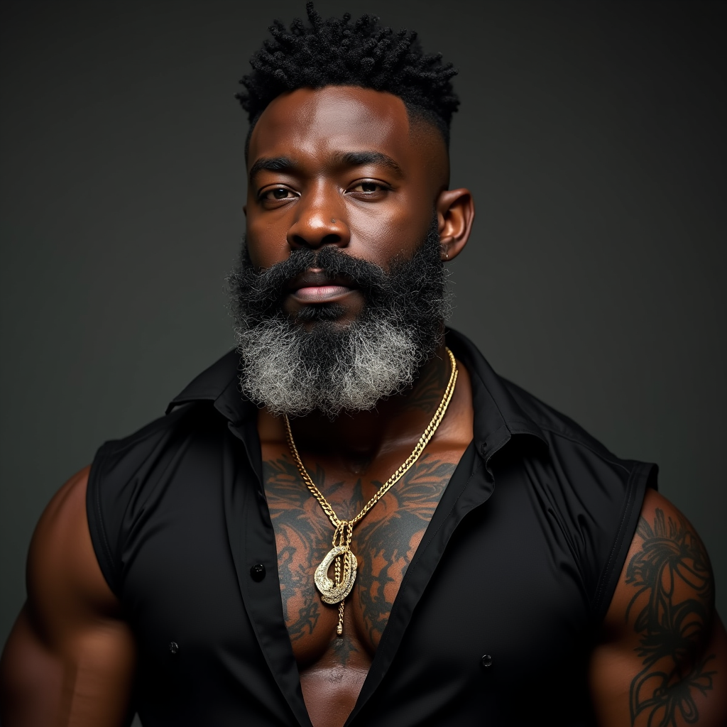 Muscular African American Man with Tattoos and Chain