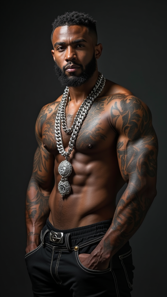 Muscular Dark-Skinned Man with Diamond Chain and Tattoos