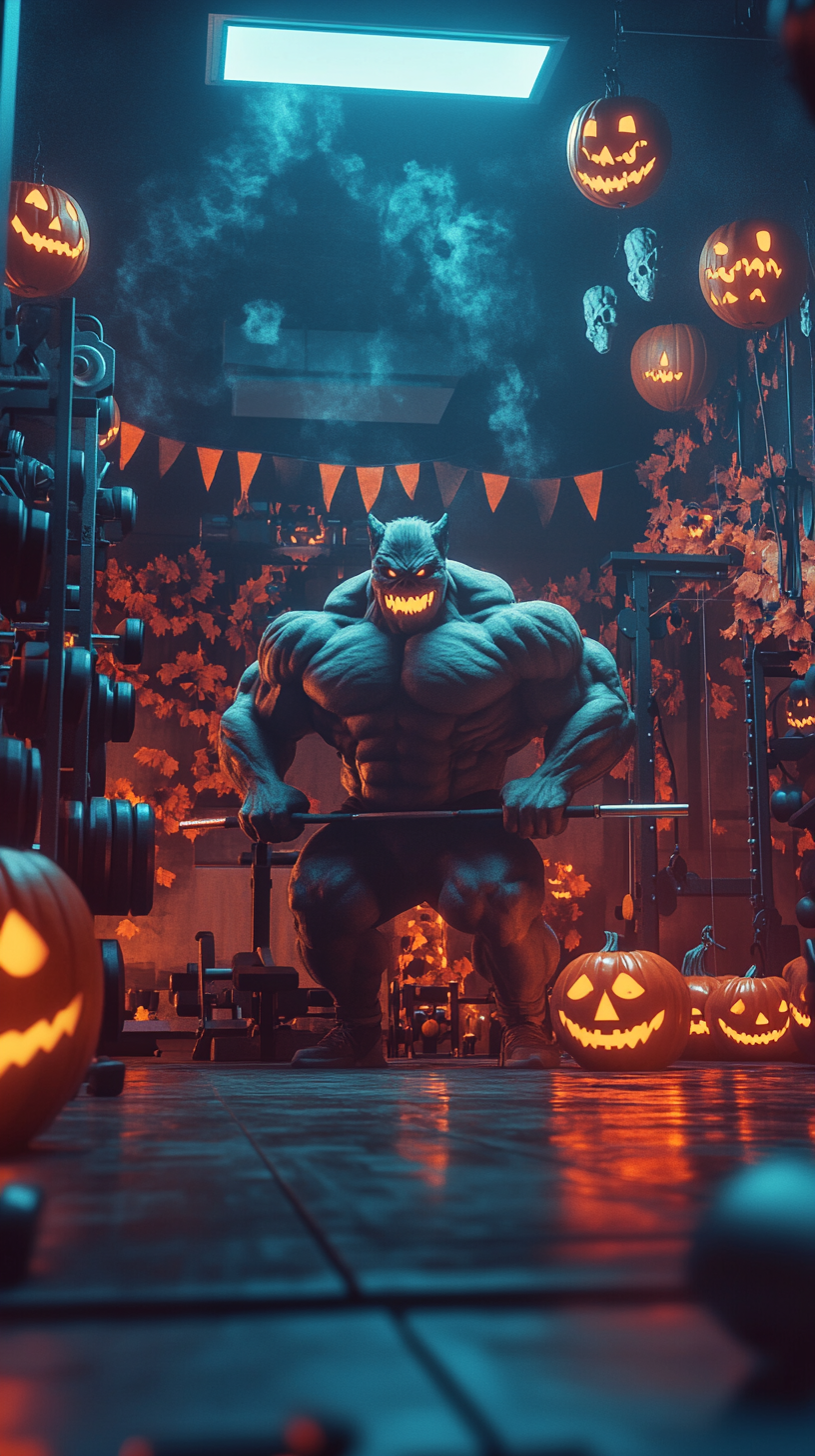 Muscular Halloween Monster Working Out in Spooky Gym