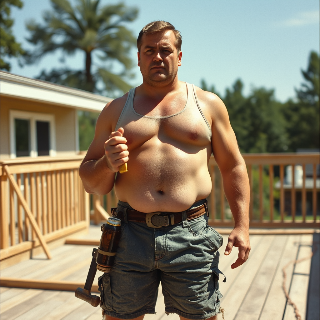 Muscular Man Building Deck in Bright Summer Sunlight