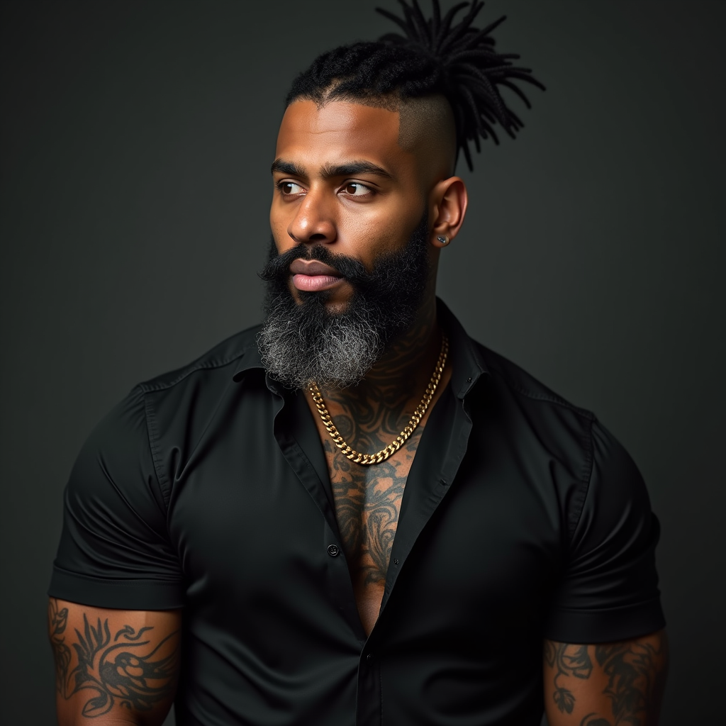 Muscular Man with Beard, Tattoos and Gold Chain