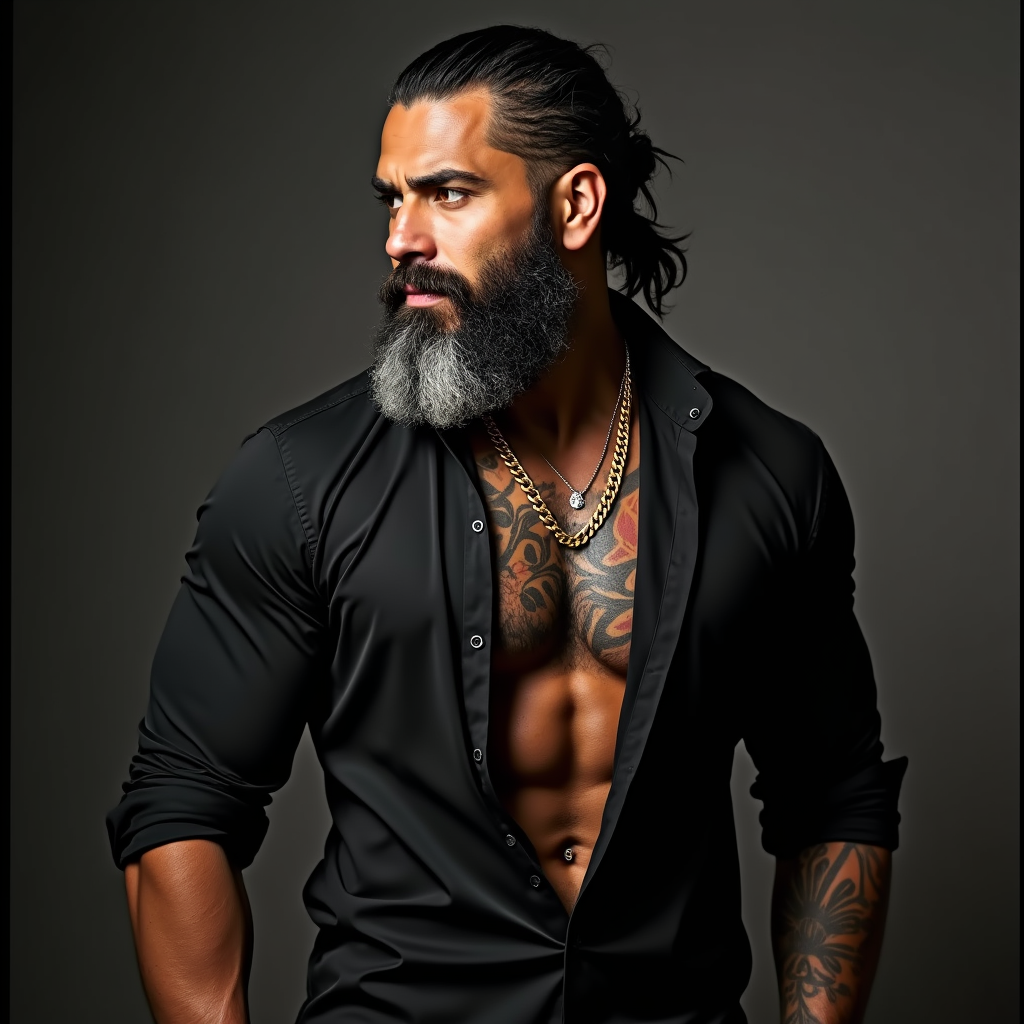Muscular Man with Beards, Tattoos, and Gold Chain