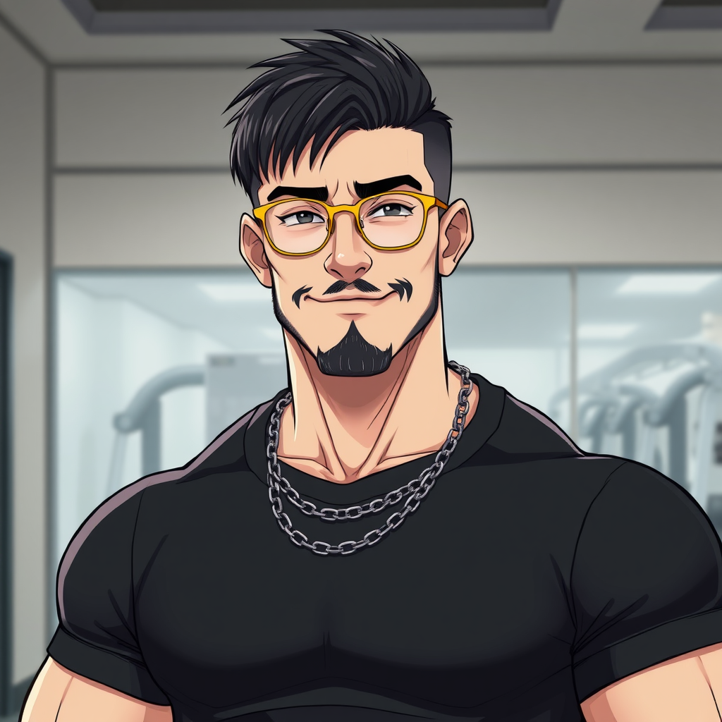 Muscular Man with Glasses in Gym, Anime Style