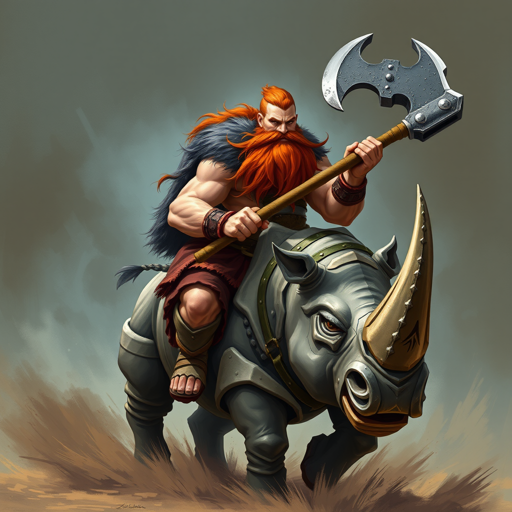Muscular Viking Riding Rhino with Large Axe