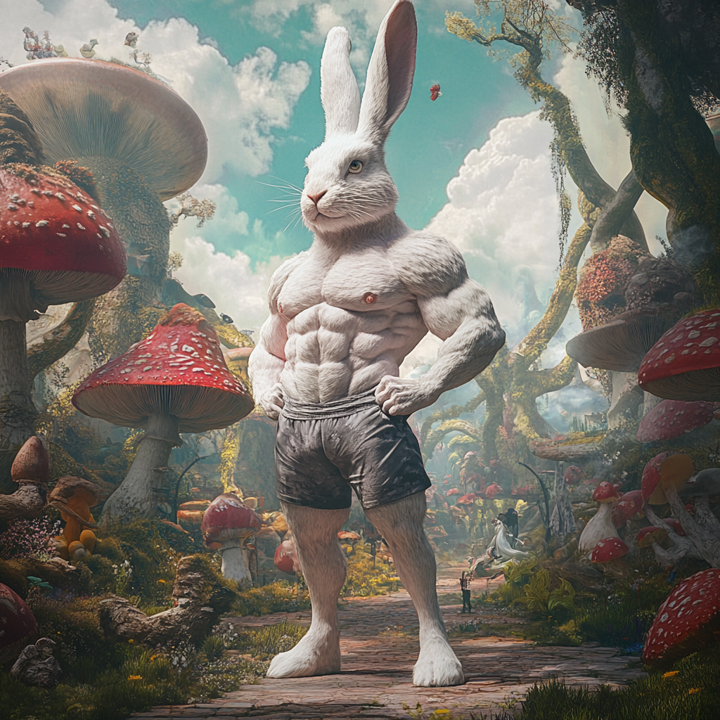 Muscular White Rabbit in Gym Clothes in Wonderland