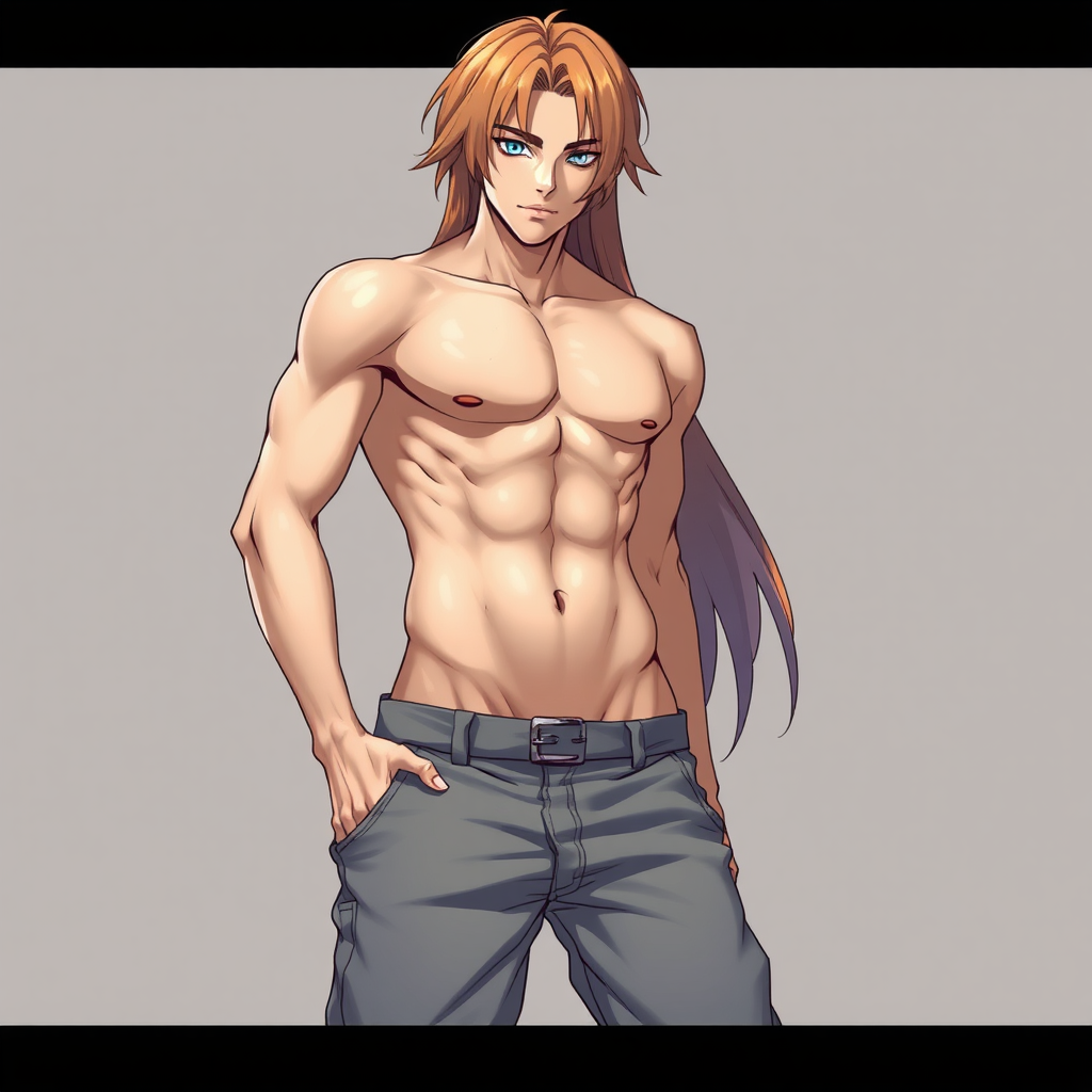 Muscular anime boy with oiled body poses seductively.