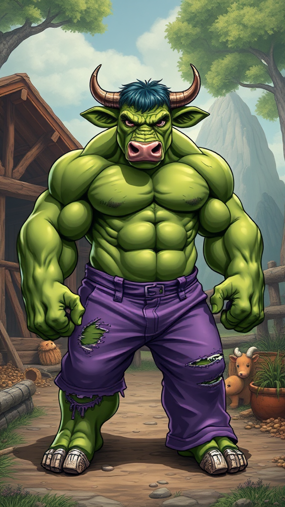 Muscular green cow, Hulk, in whimsical barnyard.