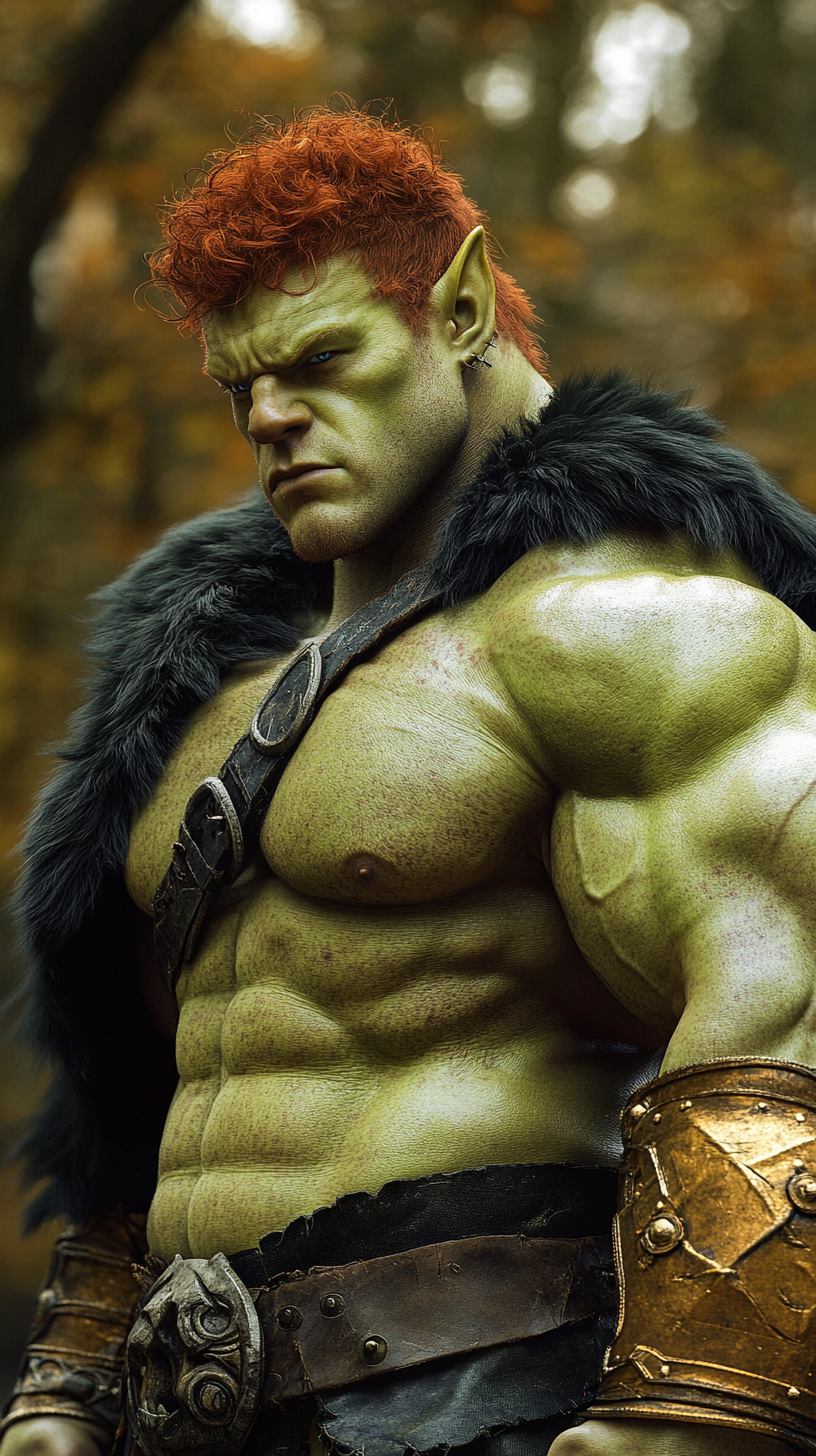 Muscular green orc flexing in forest