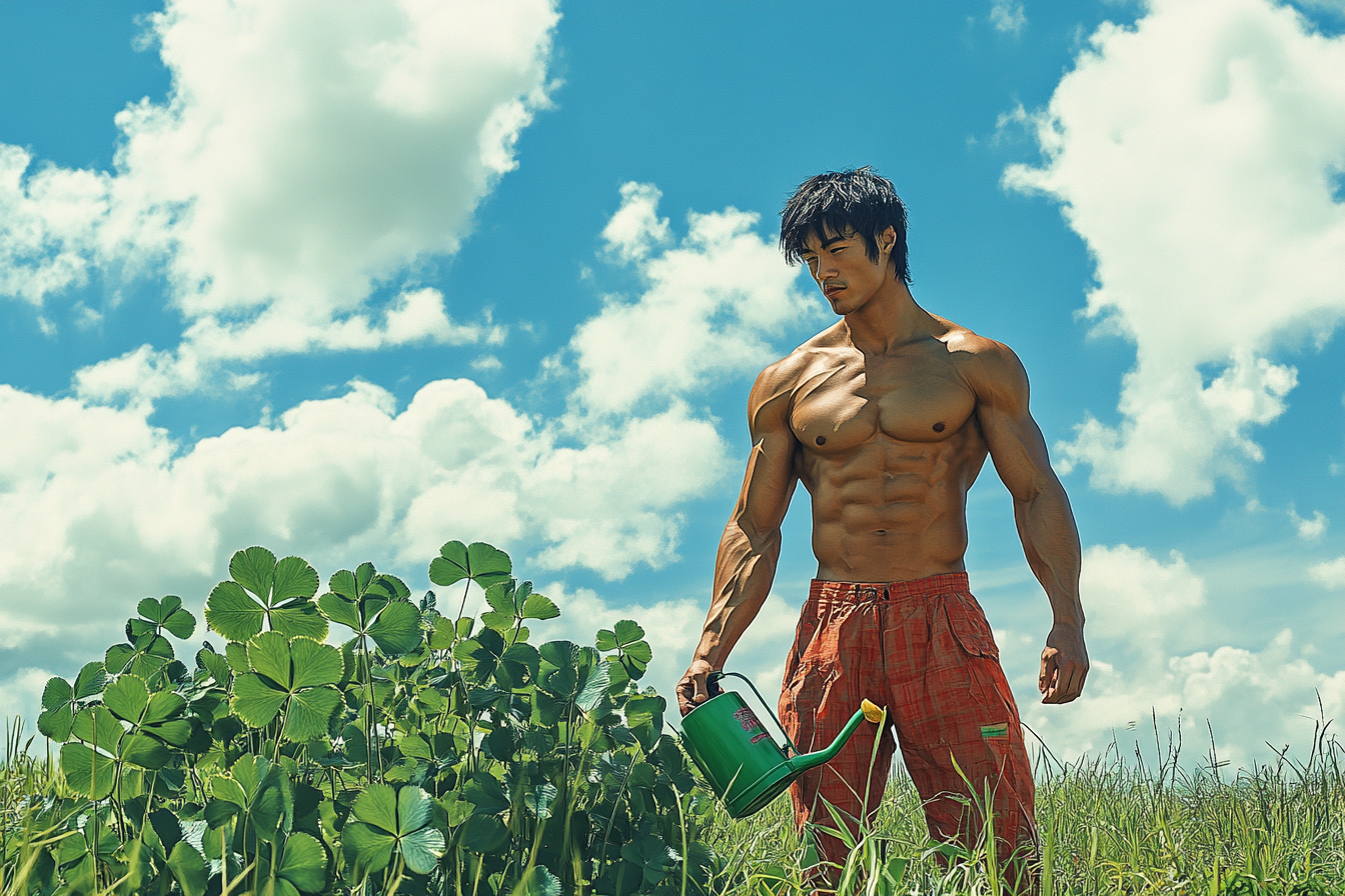 Muscular man watering big clover in surrealistic painting.