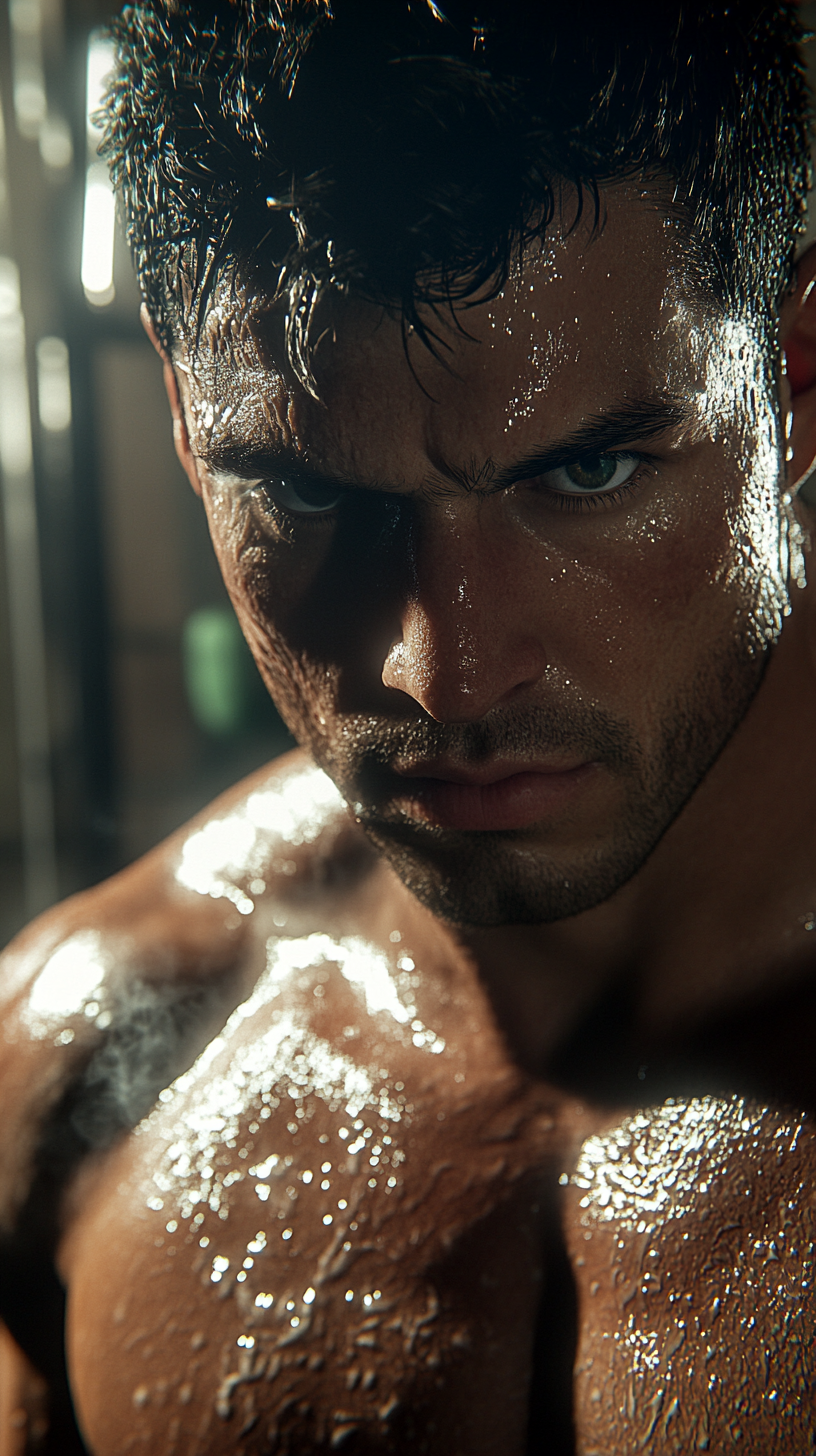 Muscular person in gym mirror, determined eyes, sweat.