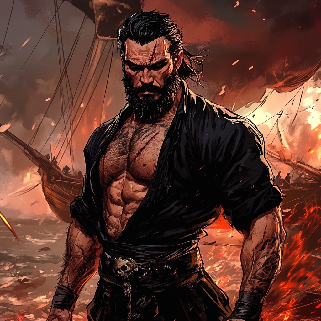 Muscular pirate captain in epic ship battle scene