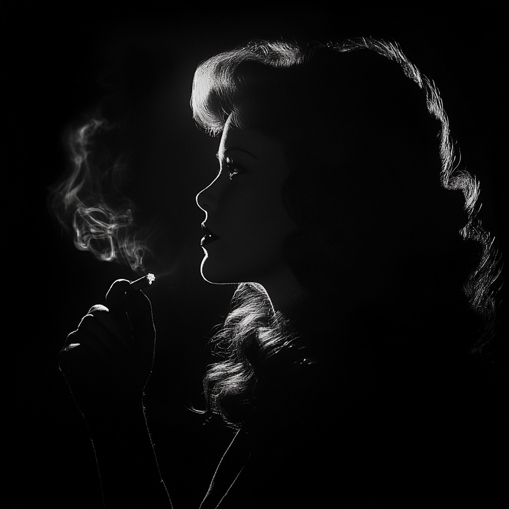 Mysterious 1950s Actress with Cigarette in Shadows