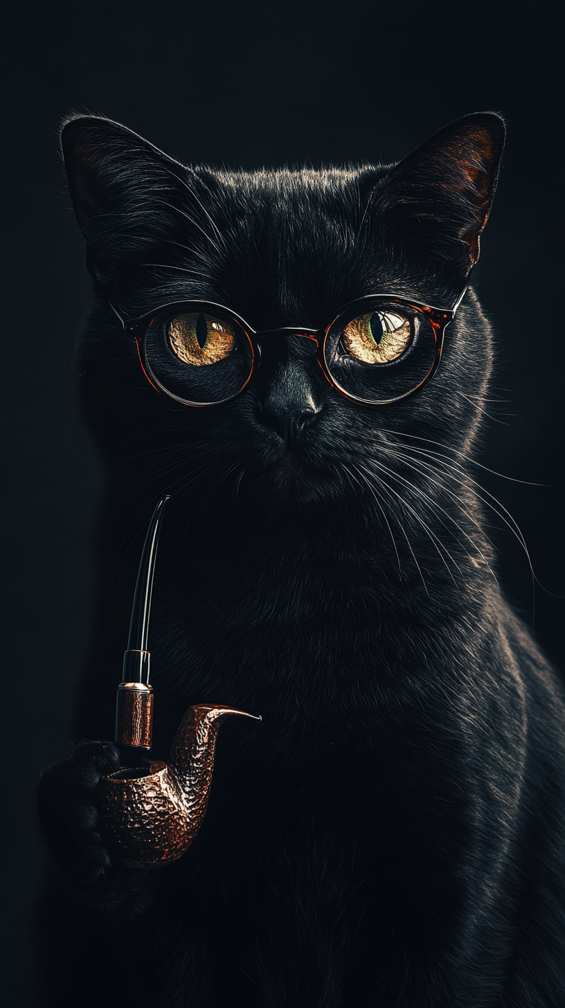 Mysterious Black Cat with Pipe in Dark Room