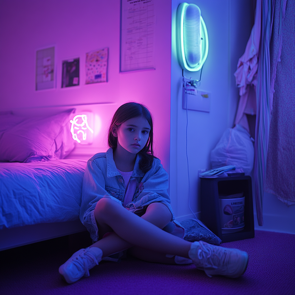 Child Alone in Her Neon Bedroom