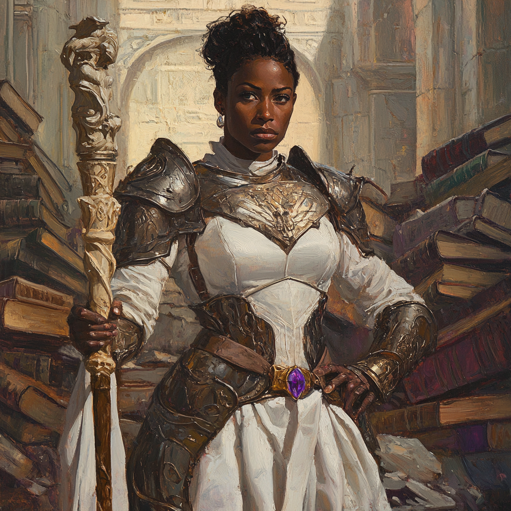 Mysterious Female Wizard in Armor in Library Ruins