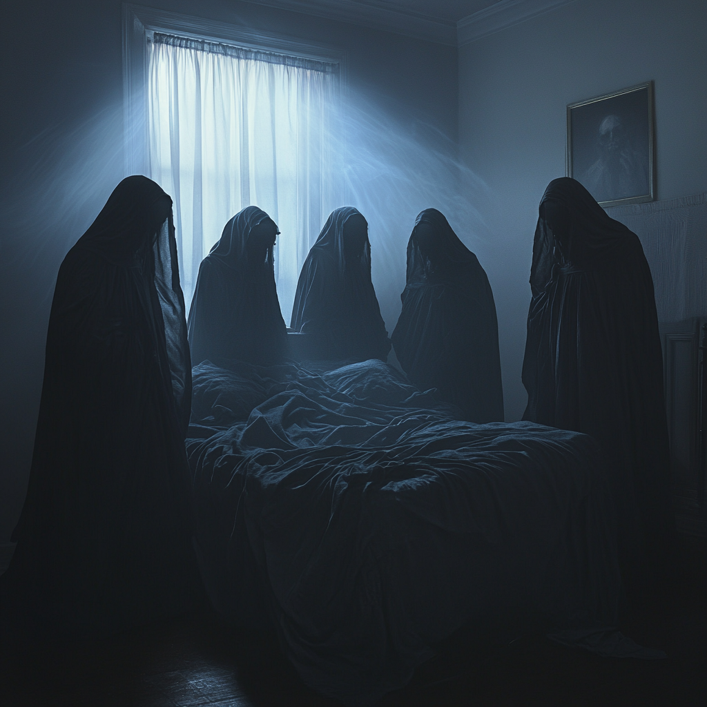 Mysterious Figures Around Bed in Moonlit Room