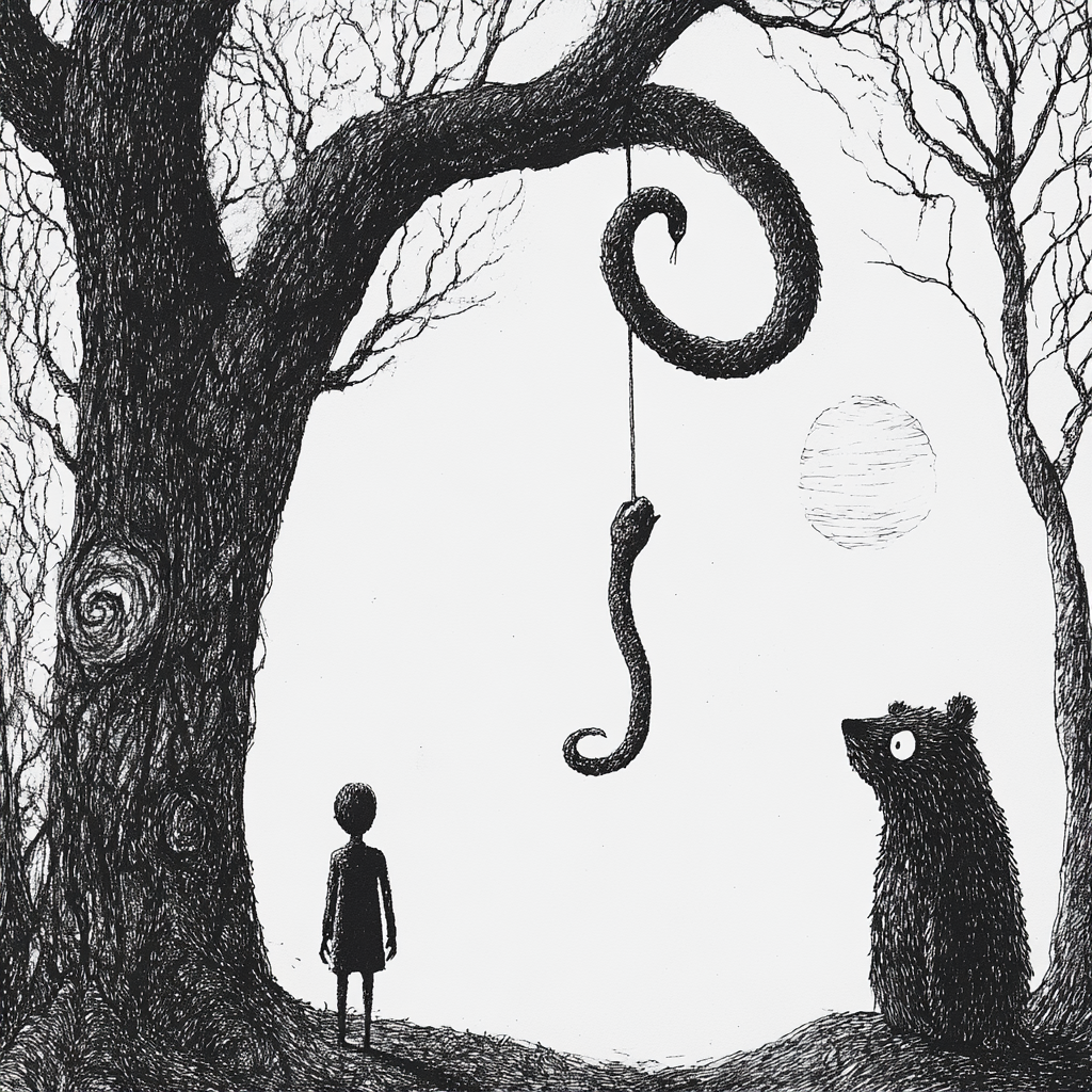 Mysterious Forest with Characters in Edward Gorey Style