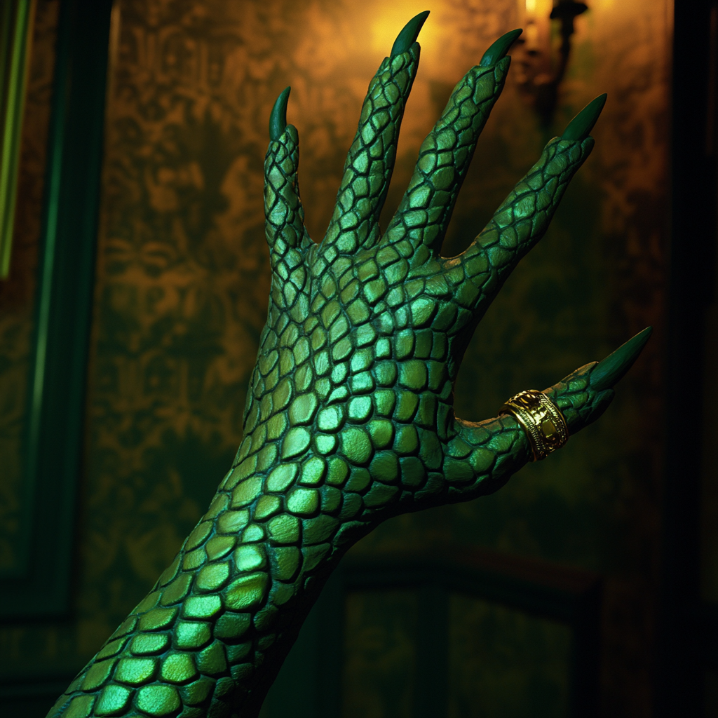 Mysterious Green Snake Hand in Dimly Lit Room