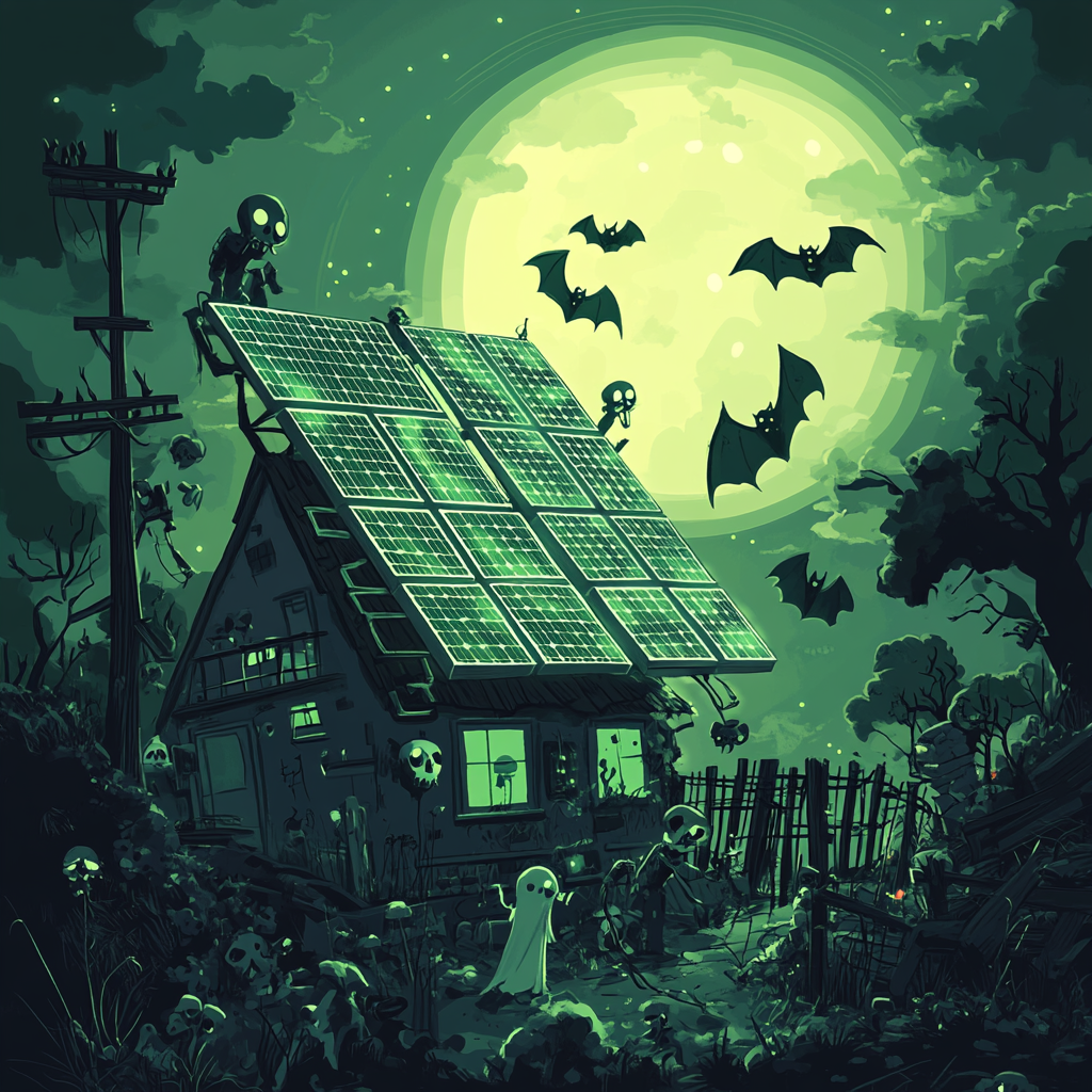 Mysterious Halloween Night with Playful Monsters and Solar Panels