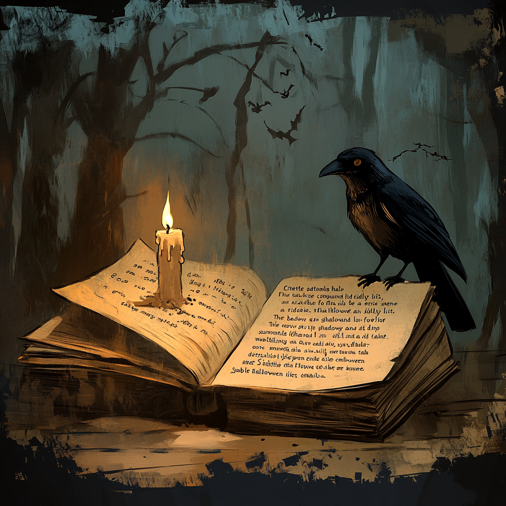 Mysterious Halloween Riddle: Old book, crow, candle