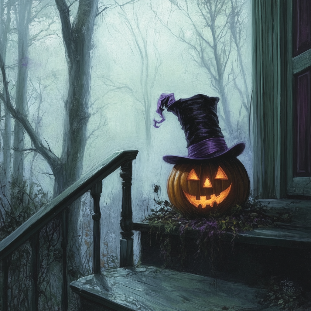 Mysterious Jack-o'-lantern on spooky porch steps