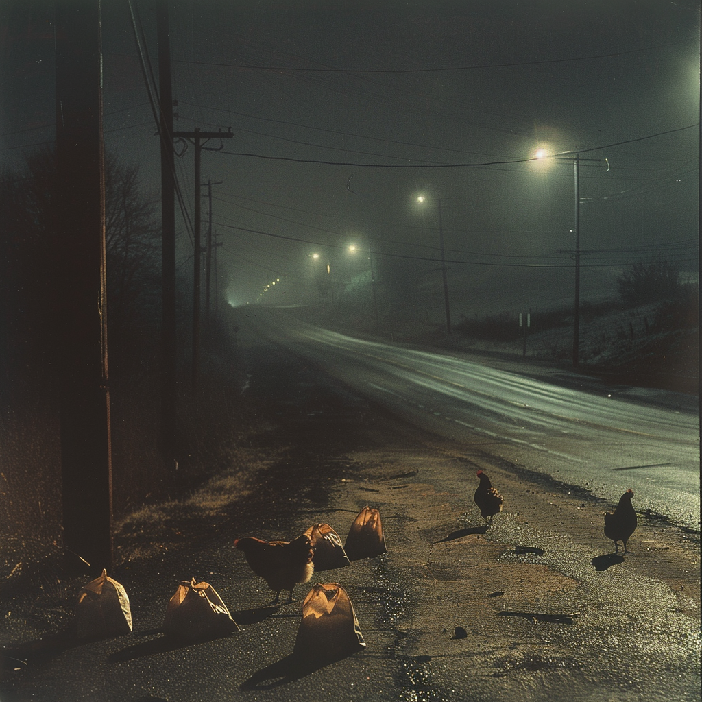 Mysterious Night: Empty road, glowing streetlights, hen companions