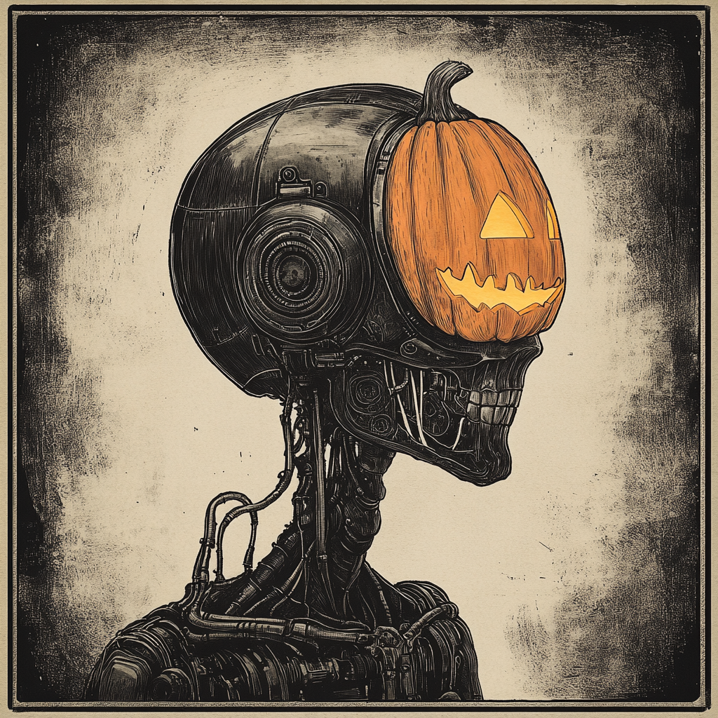 Mysterious Pumpkin-Headed Robot: A Gothic Illustration