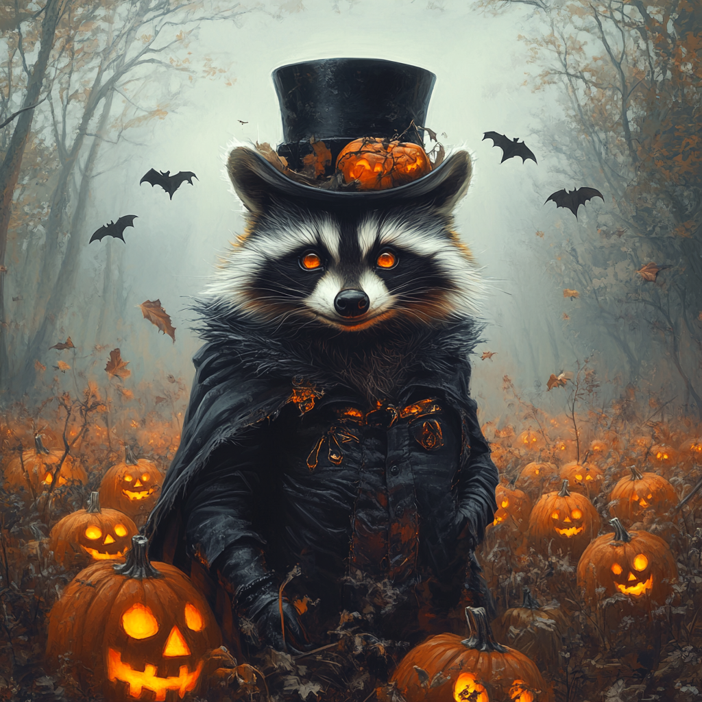 Mysterious Raccoon in Spooky Pumpkin Forest