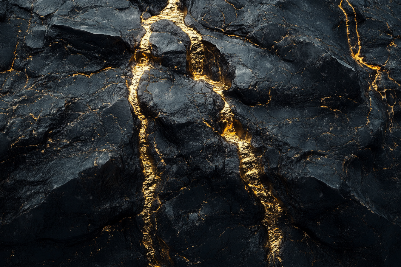 Mysterious River of Golden Metal on Dark Rocks