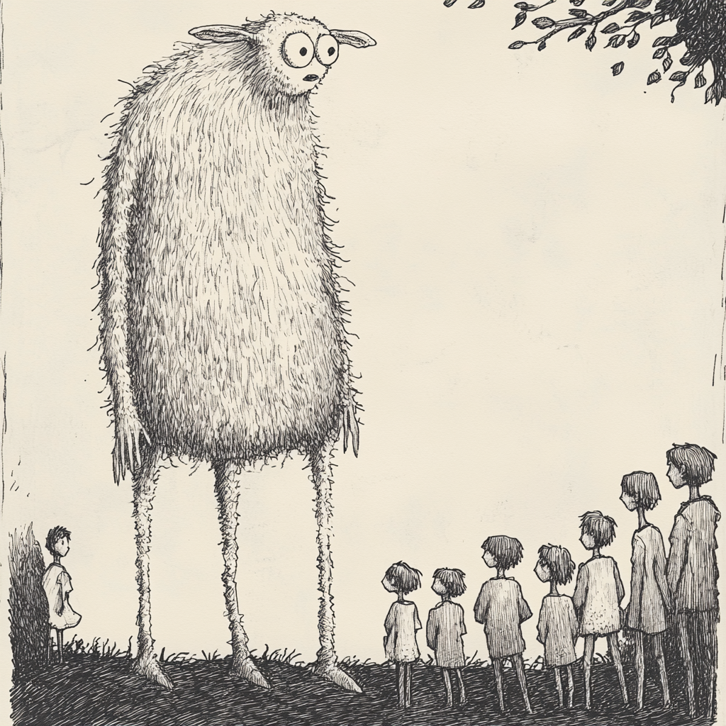 Mysterious Sheep Creature Among Curious Children.