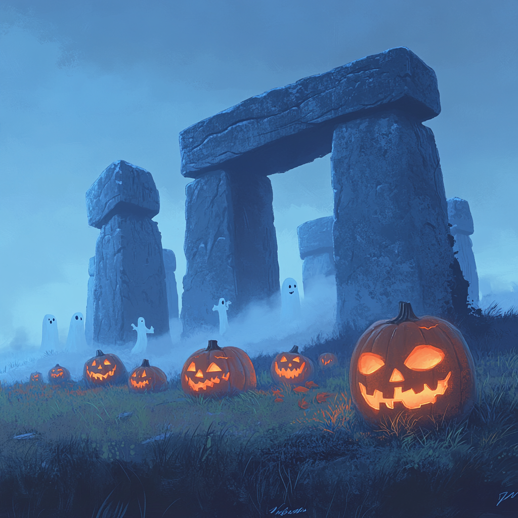 Mysterious Stonehenge with Carved Pumpkins and Ghostly Figures