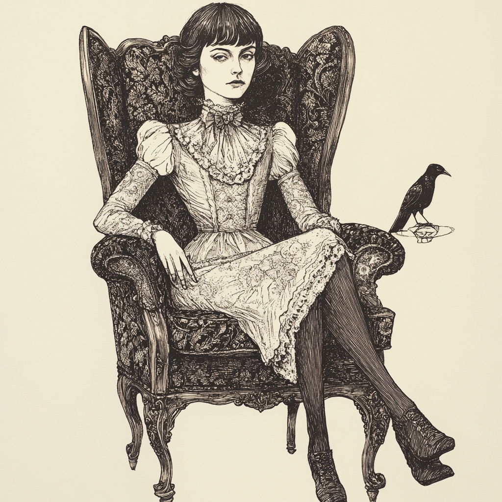 Mysterious Victorian Woman in Ornate Armchair