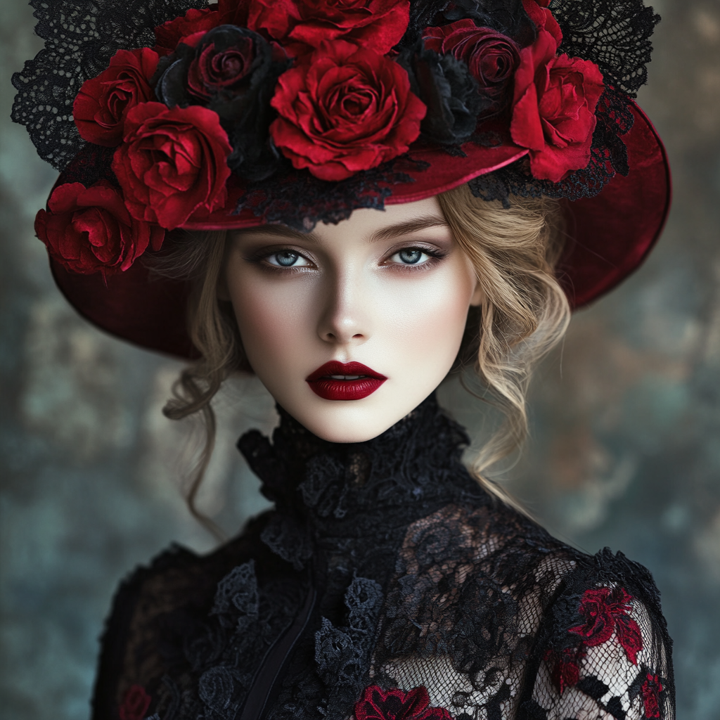 Mysterious Victorian lady in red and black lace.