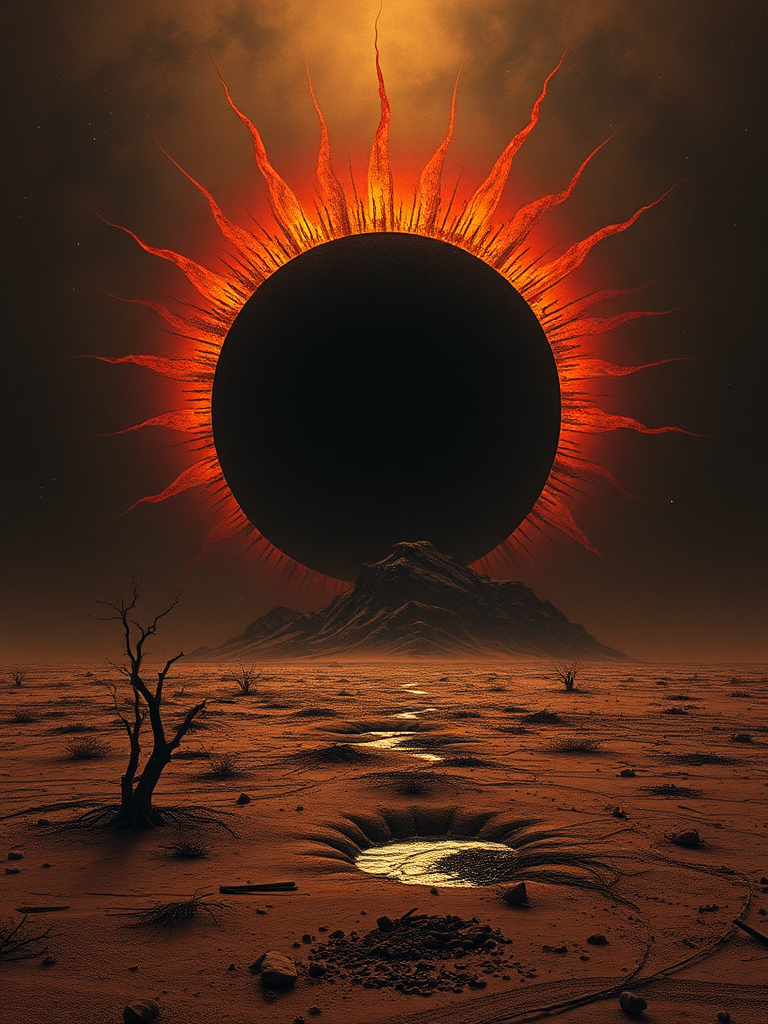 Mysterious brown desert under black sun - surreal view.