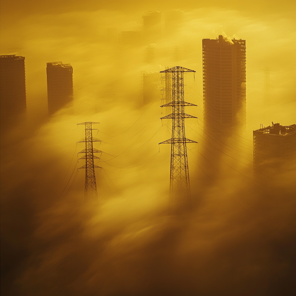 Mysterious cityscape with high-voltage towers in fog