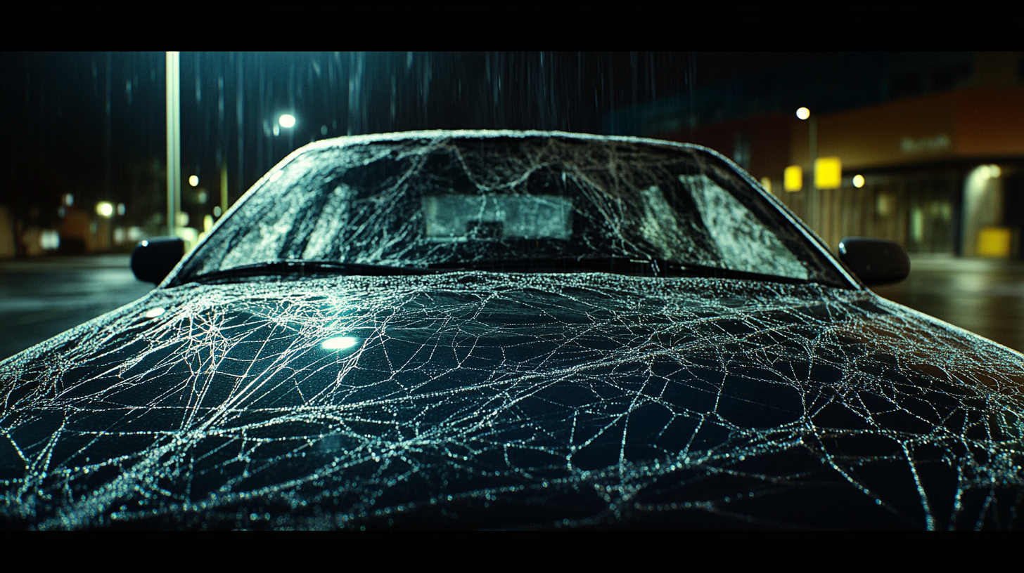 Mysterious dusty car in dimly lit lot