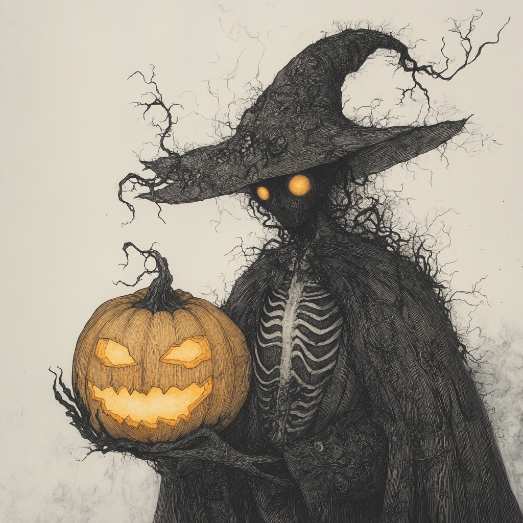 Mysterious figure with glowing pumpkin in eerie scene