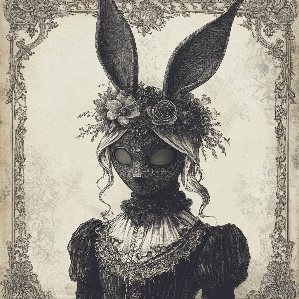 Mysterious gothic figure with rabbit ears in Victorian attire