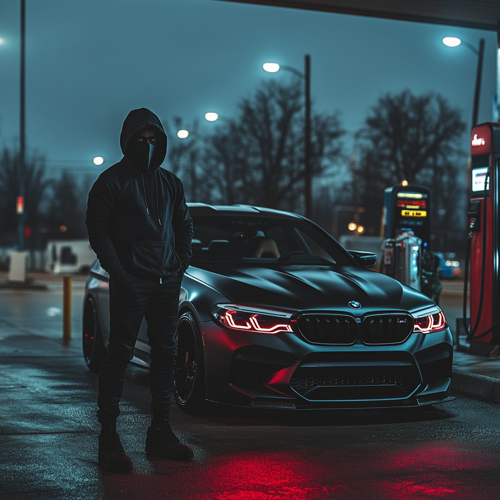 Mysterious man at gas station with black BMW