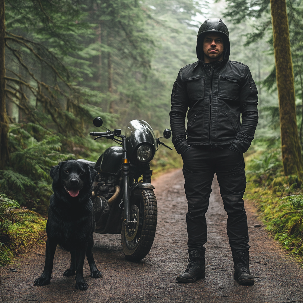 Mysterious man in black with dog and motorcycle